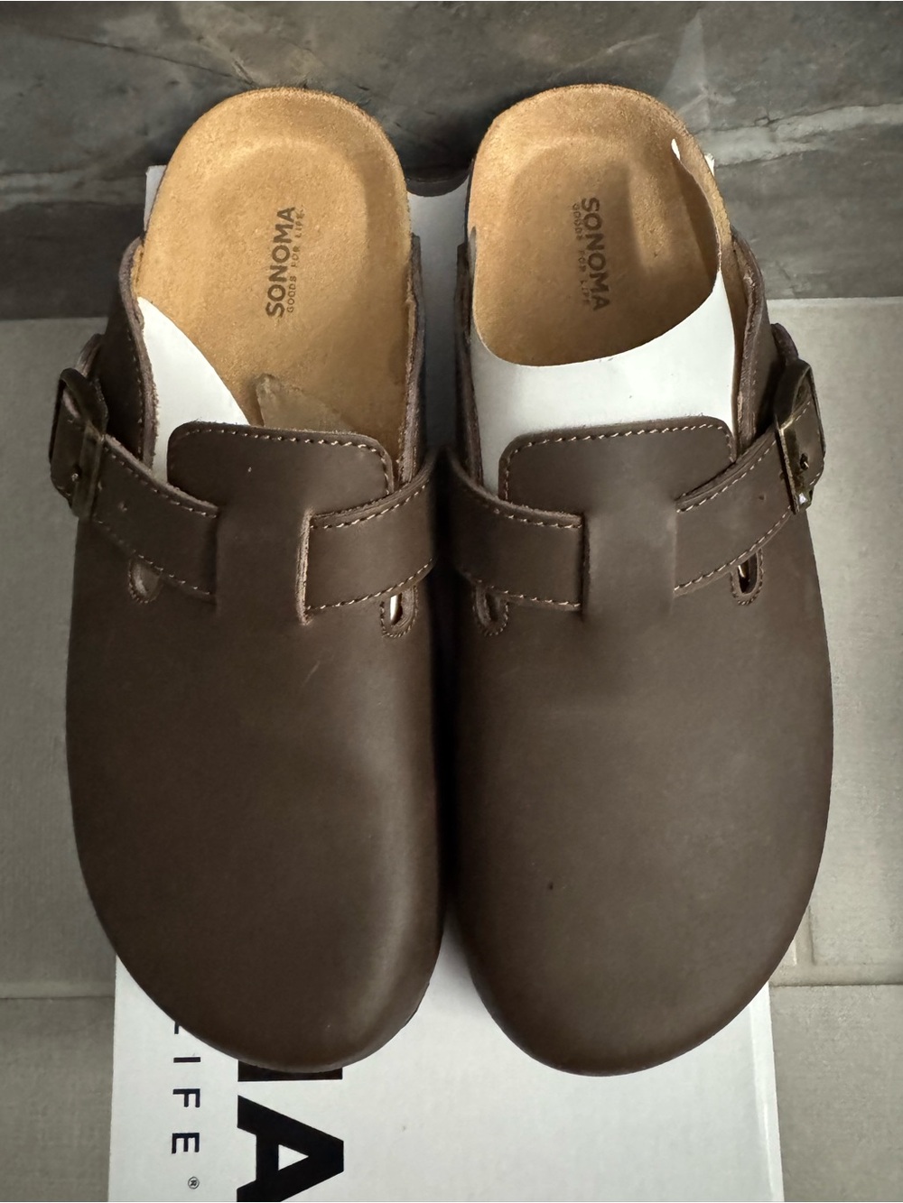 Sonoma Comfort Brown Leather Slip-On Clogs with Adjustable Buckle